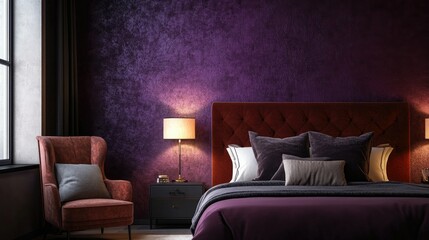 Luxurious wallpaper with a velvet texture and deep, rich colors, adding an opulent feel to a bedroom or lounge.