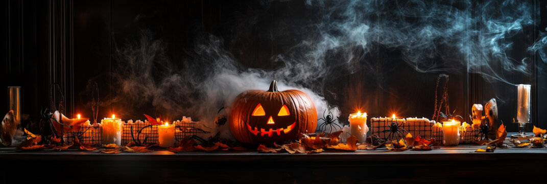 Banner de Halloween com ab&oacute;boras, velas e aranhas em uma mesa de madeira antiga, fuma&ccedil;a 
 e nevoa, ambiente sombrio e assustador