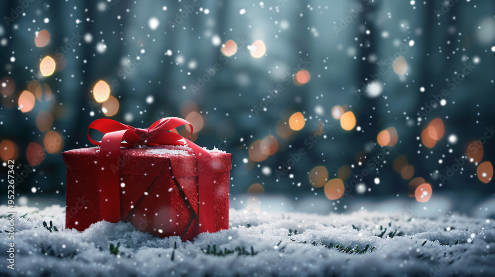 Poster red christmas gift with ribbon resting on snow in a enchanting nighttime setting, with snowfall and 