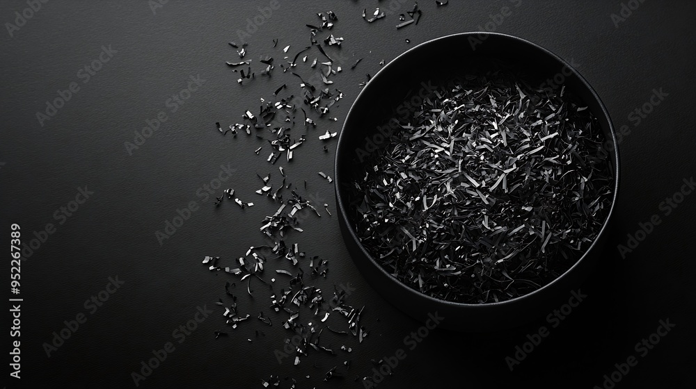 Poster black gift box with shredded paper on a black background top view : generative ai