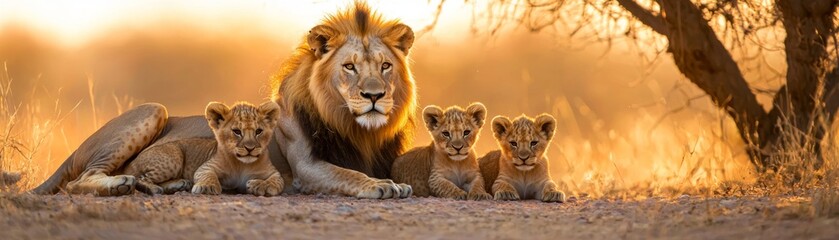 Majestic lion and its playful cubs rest under the warm, golden light of sunset in their natural habitat.