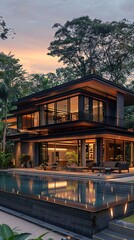 Fototapeta premium A modern tropical villa with an integrated swimming pool and sleek design provides a peaceful haven