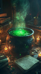 Bubbling cauldron with green potion for Halloween witchcraft
