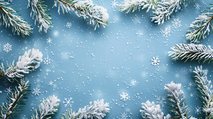 Festive christmas border with snowy fir branches and decorative snowflakes on a blue background