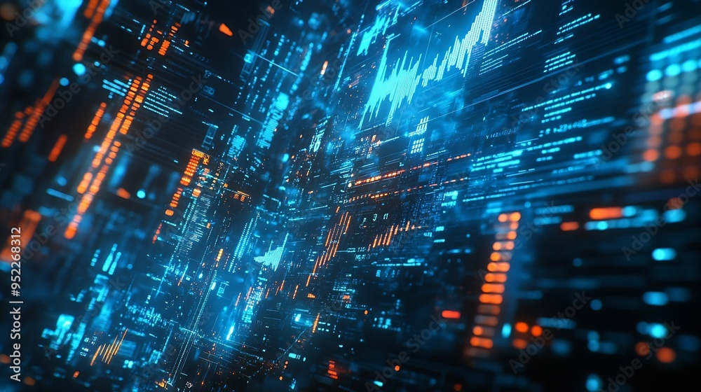 Poster Futuristic business digital financial data technology concept for future big data analytic and business intelligence research for businessman analyst invest decisions making panoramic  : Generative AI