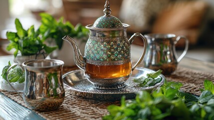 Fototapeta premium Authentic Middle Eastern Mint Tea Experience with Traditional Tea Service in Elegant Setting
