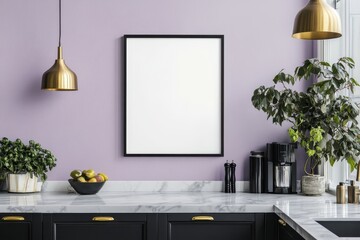 A modern kitchen with a purple wall, framed artwork, plants, and stylish lighting.