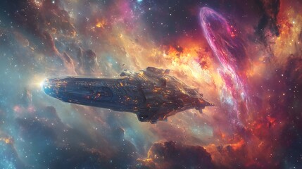 Futuristic Spacecraft Surges Through Cosmic Explosion in Vibrant Interstellar Landscape