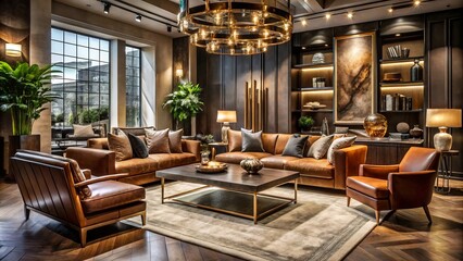 Fototapeta premium Sculptural forms invite lingering amidst refined atmosphere, where plush velvets and leathers mingle with gleaming metals and rich woods, against a backdrop of soft natural light.