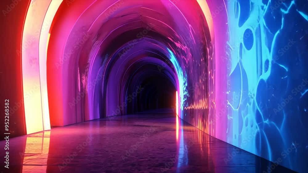 Poster a tunnel with neon lights and a purple glow. the tunnel is long and narrow, and the lights are brigh