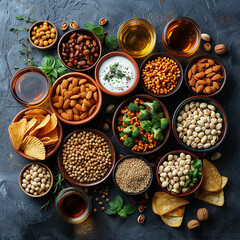 Healthy dry fruits and drink on dark background copy space generated.Ai