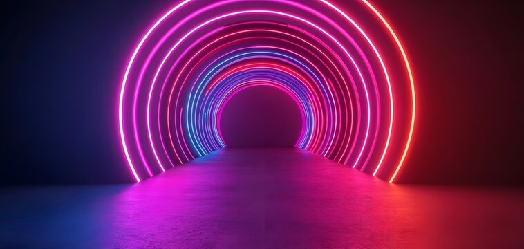 Vibrant neon tunnel with colorful arcs illuminating a dark corridor, creating an immersive and futuristic atmosphere.