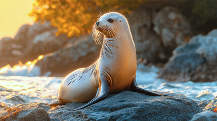 Extinct Japanese Sea Lion resting on sunlit rocky shore along the Sea of Japan
