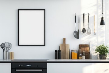 A modern kitchen with utensils, a blank frame, and decorative elements.