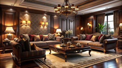 Sleek and refined, this living room showcases opulent sofas, gleaming coffee tables, and intricate wood carvings against a backdrop of deep jewel tones and subtle neutrals.