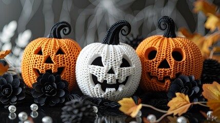 Halloween background featuring knitted pumpkins set against a backdrop of black flowers, creating a spooky yet stylish Halloween vibe.