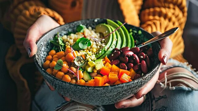Nourishing Bowl: A vibrant and colorful vegetarian Buddha bowl bursting with fresh ingredients like avocado, chickpeas, quinoa, sweet potato, and kale, held by hands in a cozy setting, evokes a feelin