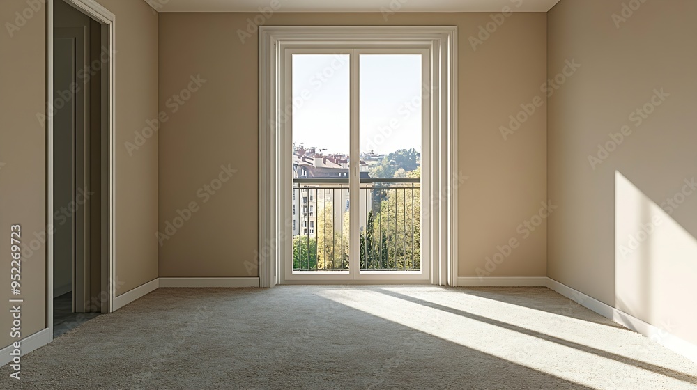Aufkleber empty bedroom of a singlefamily home with access to a viewing balcony : generative ai