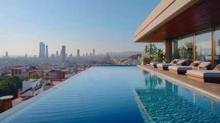 A rooftop pool with breathtaking views of Barcelona's skyscrapers, located in Spain