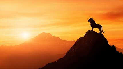 Majestic lion silhouette atop mountain during stunning sunset, symbolizing strength and freedom in nature's beauty.