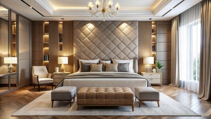 Sleek lines and plush textures blend seamlessly in a space where golden light fills the air, as beds, drapes, and ottomans converge in a tapestry of elegance.