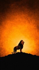 Fototapeta premium Majestic lion standing proudly on a rocky hill against a dramatic sunset backdrop, symbolizing strength and leadership.