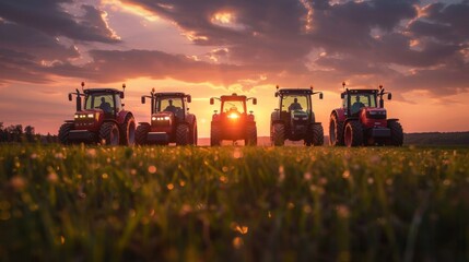 Fototapeta premium several tractors next to each other in a green field at sunset seen from afar and facing the camera 