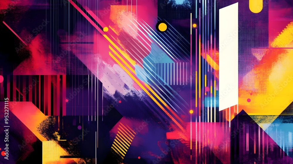 Wall mural vibrant geometric abstract composition explosion of colorful shapes patterns and lights