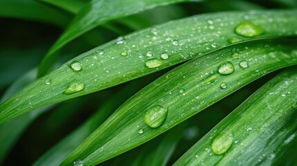 Green grass blades with dew drops close up