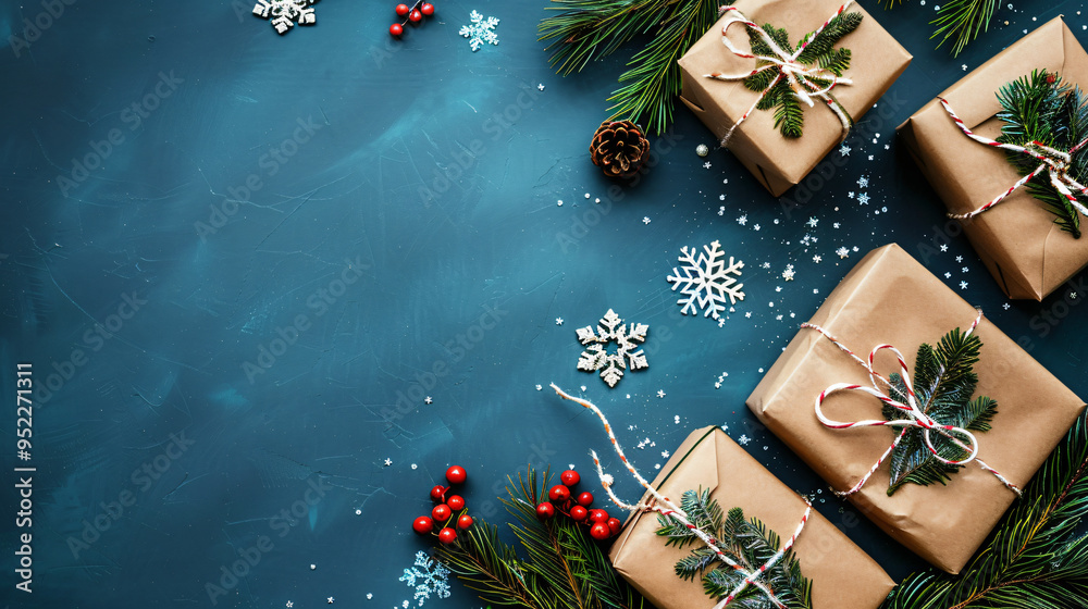 Poster christmas presents wrapped in craft paper decorated with fir branches and snowflakes lying on a blue