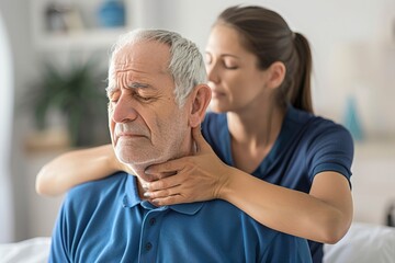 Fototapeta premium A woman is giving a relaxing neck massage to an older man. The setting is bright and welcoming. This image captures the essence of care and comfort. Generative AI