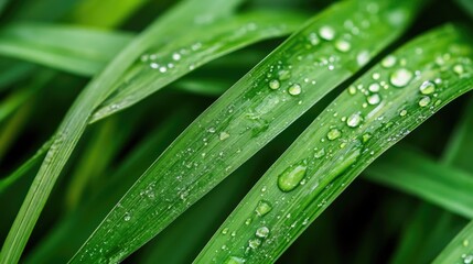 Green grass blades with dew drops close up