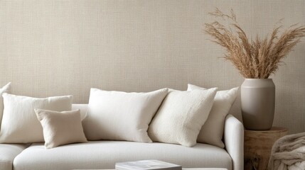 Textured linen-look wallpaper in soft neutral tones, adding warmth and depth to a living room wall.