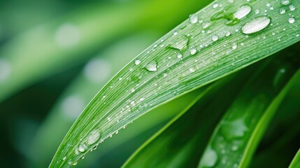 Naklejka premium Green grass blades with dew drops close up