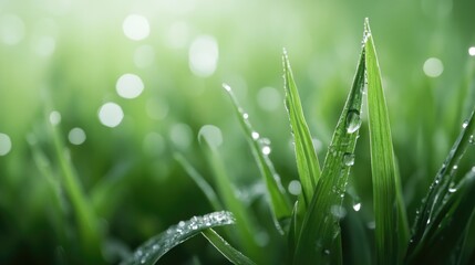 Obraz premium Green grass blades with dew drops close up