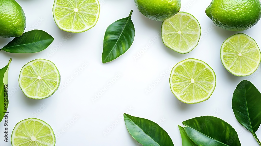 Poster Lime fruits with slices and green leaves isolated on white background Top view Flat lay : Generative AI