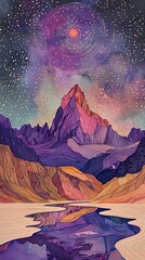Purple night mountains illustration poster background