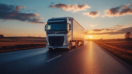 White truck driving on the asphalt road in rural landscape at sunset : Generative AI