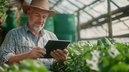 Thinking farmer with digital tablet checking sustainable farming growth progress or preparing farm export order on tech Serious man gardener or greenhouse environmental scientist : Generative AI
