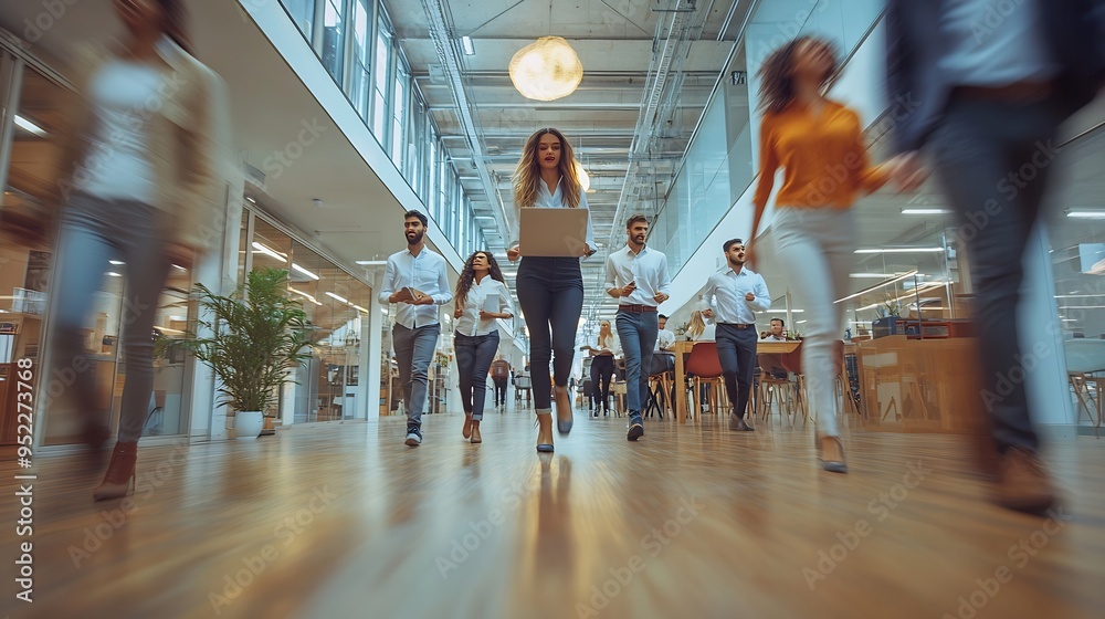 Poster Multiethnic startup business team on meeting in a modern bright open space coworking office Brainstorming working on laptop Group of coworkers walking around in motion blur : Generative AI
