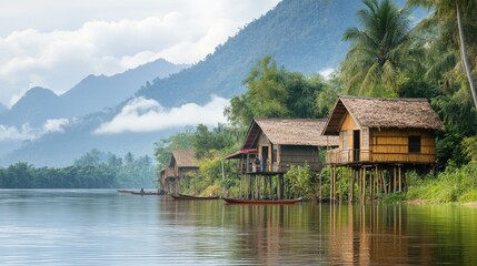 Fototapeta premium Traditional bamboo stilt houses on a serene river in Laos. No people, copy space.