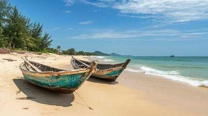 Obraz premium Traditional fishing boats anchored along a sandy beach in Vietnam. No people, copy space.