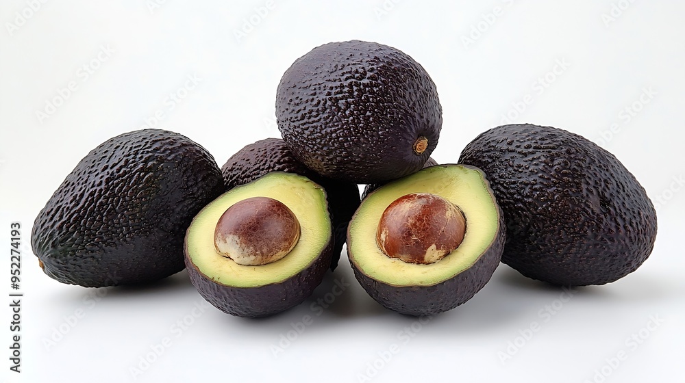 Poster avocado alligator pear or avocado pear persea americana whole and half prized for its large and unus