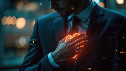 Man in Suit Holding Glowing Heart Shape Against Dark Background