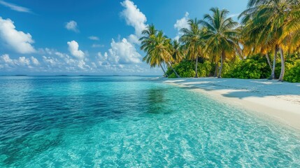 Fototapeta premium Tropical island with crystal-clear water and coconut palms in the Maldives. No people, copy space.