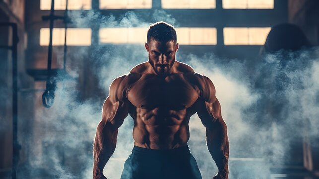 Muscular Shirtless Bodybuilder Man Flexing His Powerful Physique in Gym