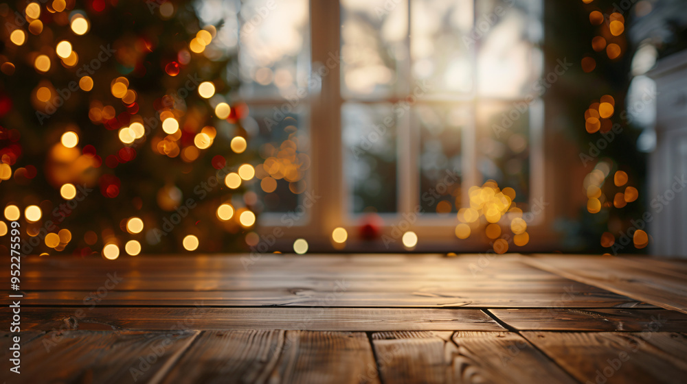 Poster Empty wooden table illuminating by christmas tree lights by the window in the background