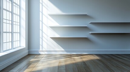 Fototapeta premium Empty bedroom with white wooden shelves on the wall French oak floors : Generative AI