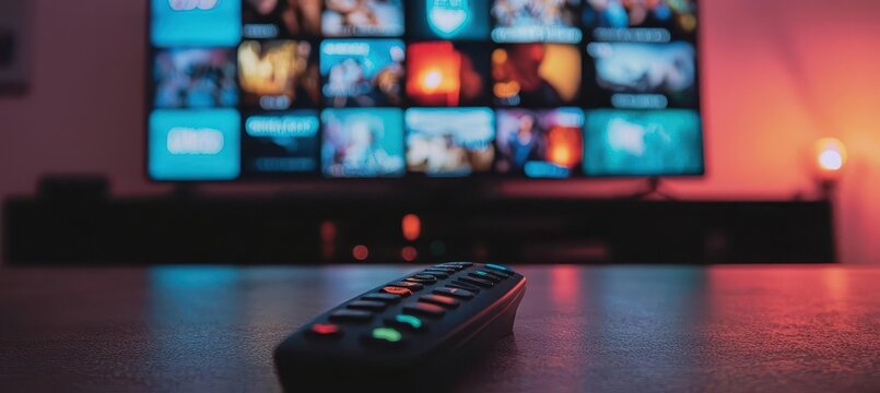 Remote Control and TV Display with Colorful Screens in Background