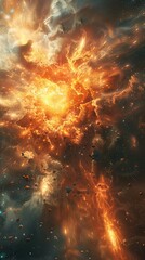 A vibrant explosion set against a somber space theme